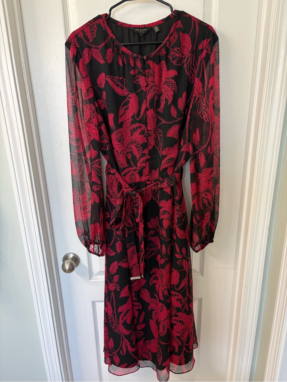 Ted Baker London Hadlee Rococo Long Sleeve Midi Dress Red Black Women's 12 (5)